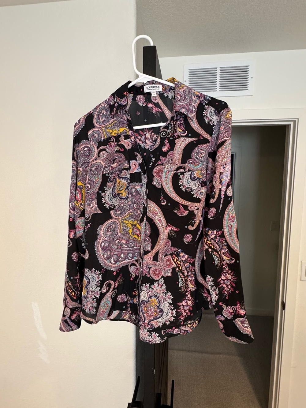 Express Black Paisley Portofino Shirt with Pink and Yellow Accents